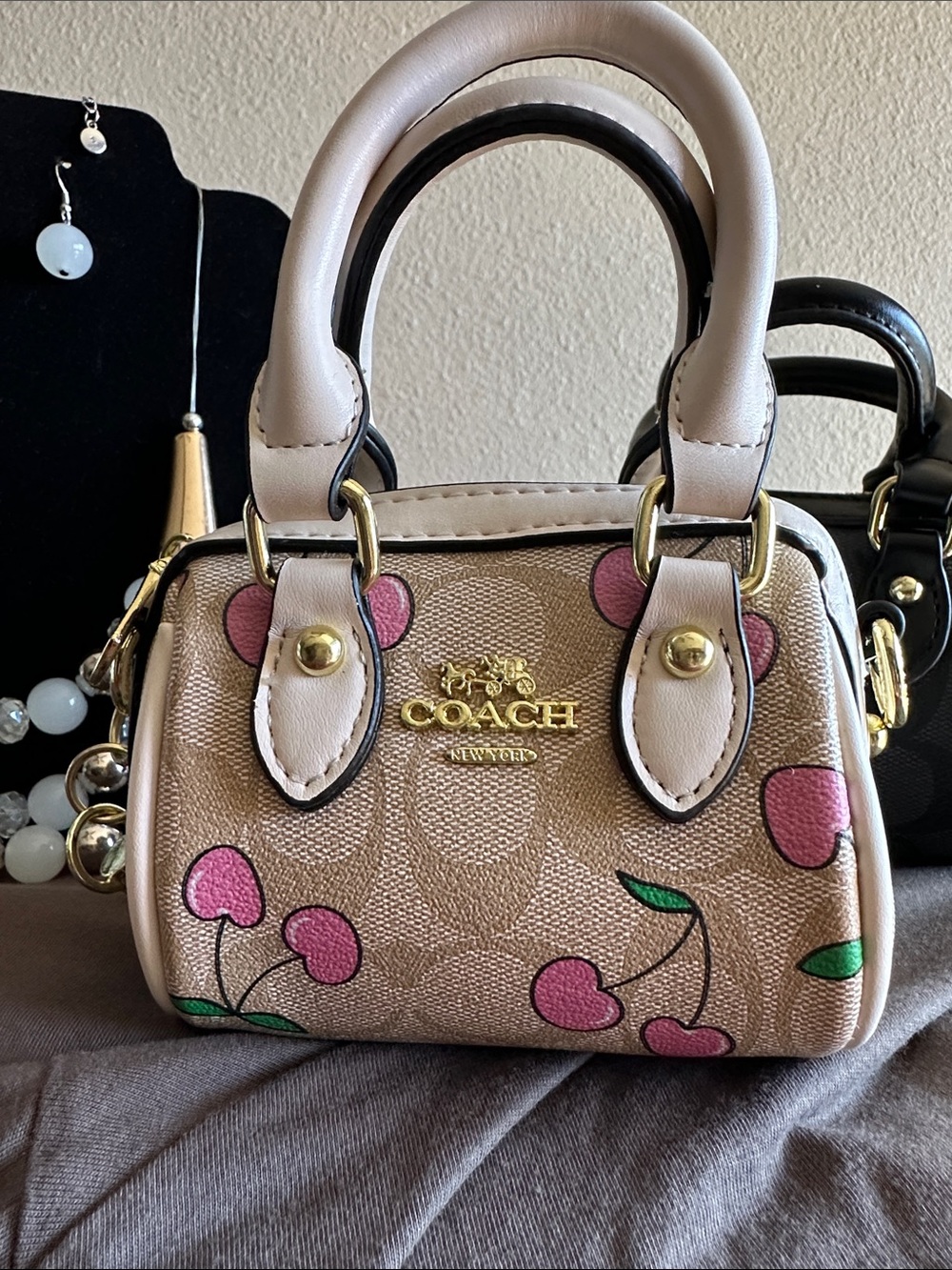 Coach Beige Mini Satchel with Pink Cherry Motif